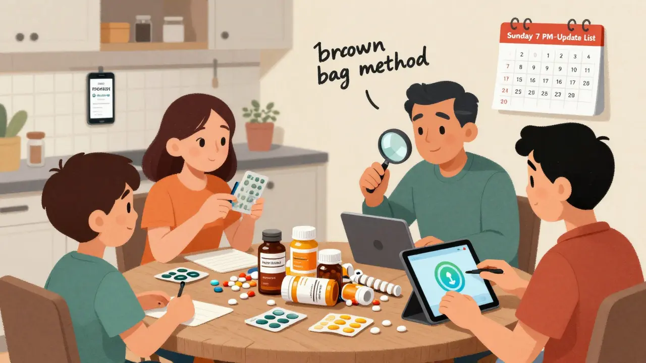Family organizing medications from a brown bag on a kitchen table, with a tablet showing a digital sync icon and a weekly reminder calendar.