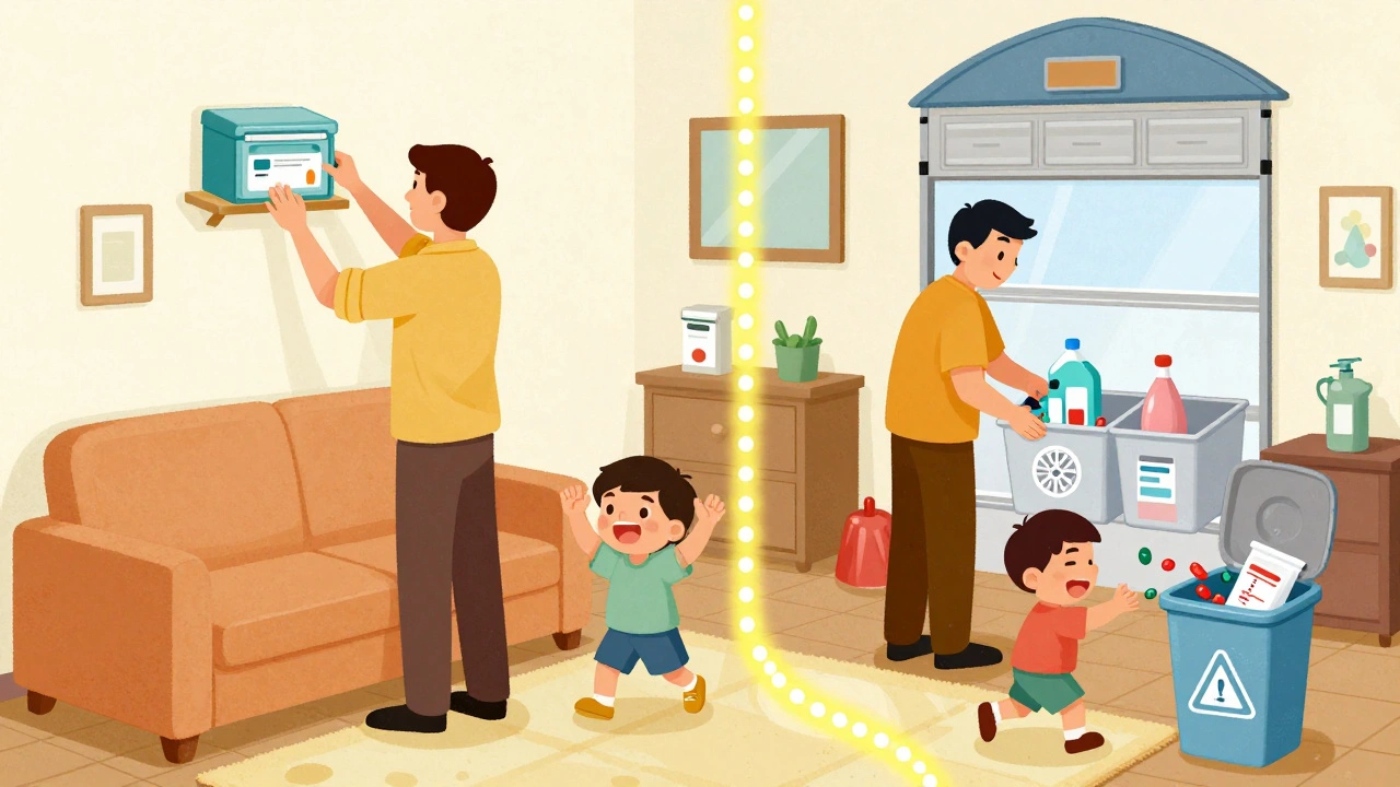 Family safely storing meds and chemicals in separate zones with a six-foot safety line, in playful cartoon style with disposal icons.
