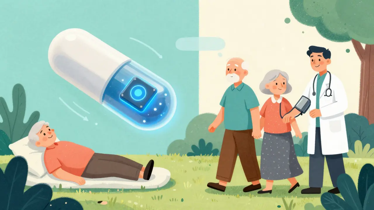 Futuristic smart pill that adjusts based on posture, elderly couple walking safely in garden, split background showing fall vs. steady steps.