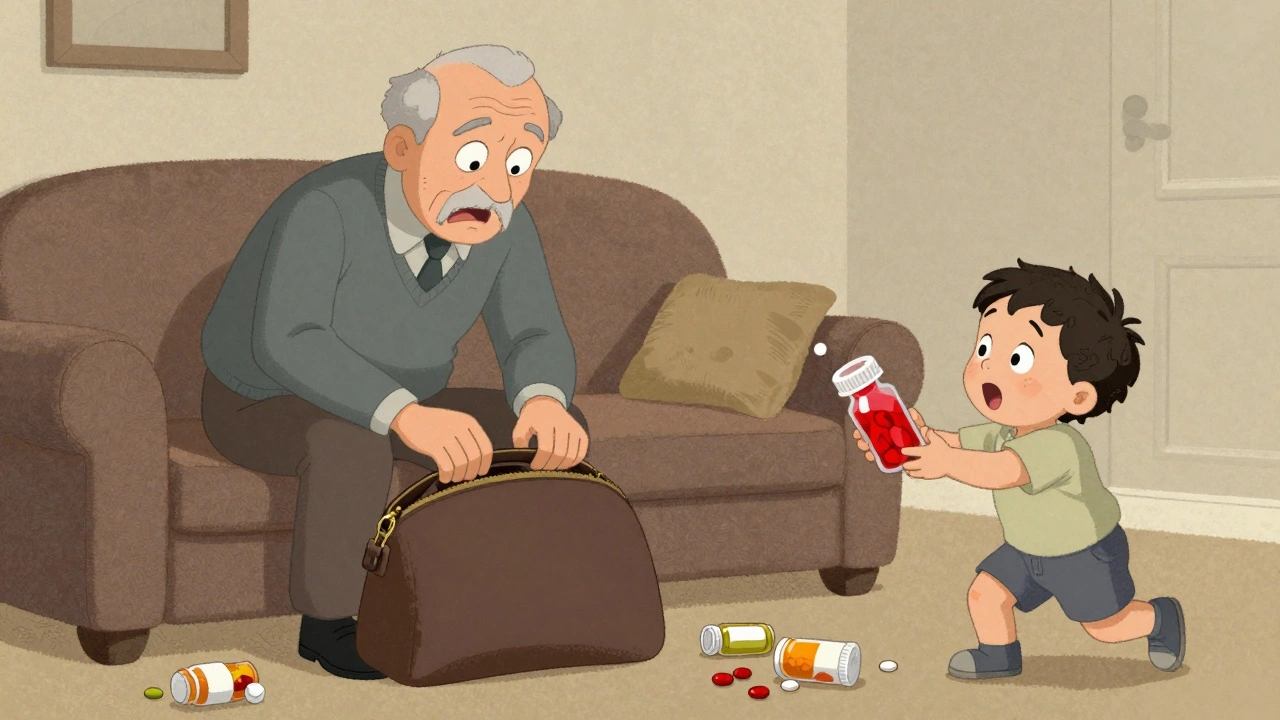 Grandfather pulls a pill bottle from his purse as toddler reaches for it on the couch.
