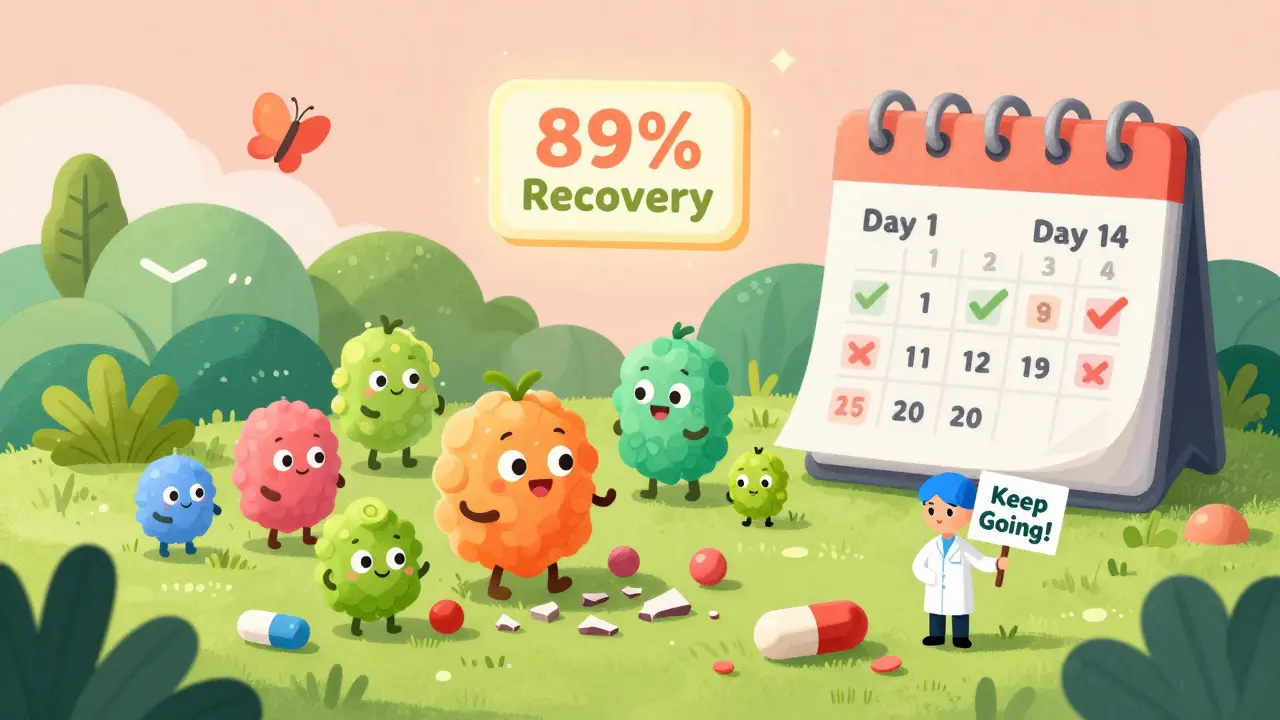 Gut recovering after antibiotics, probiotics rebuilding with calendar showing 14-day continuation.