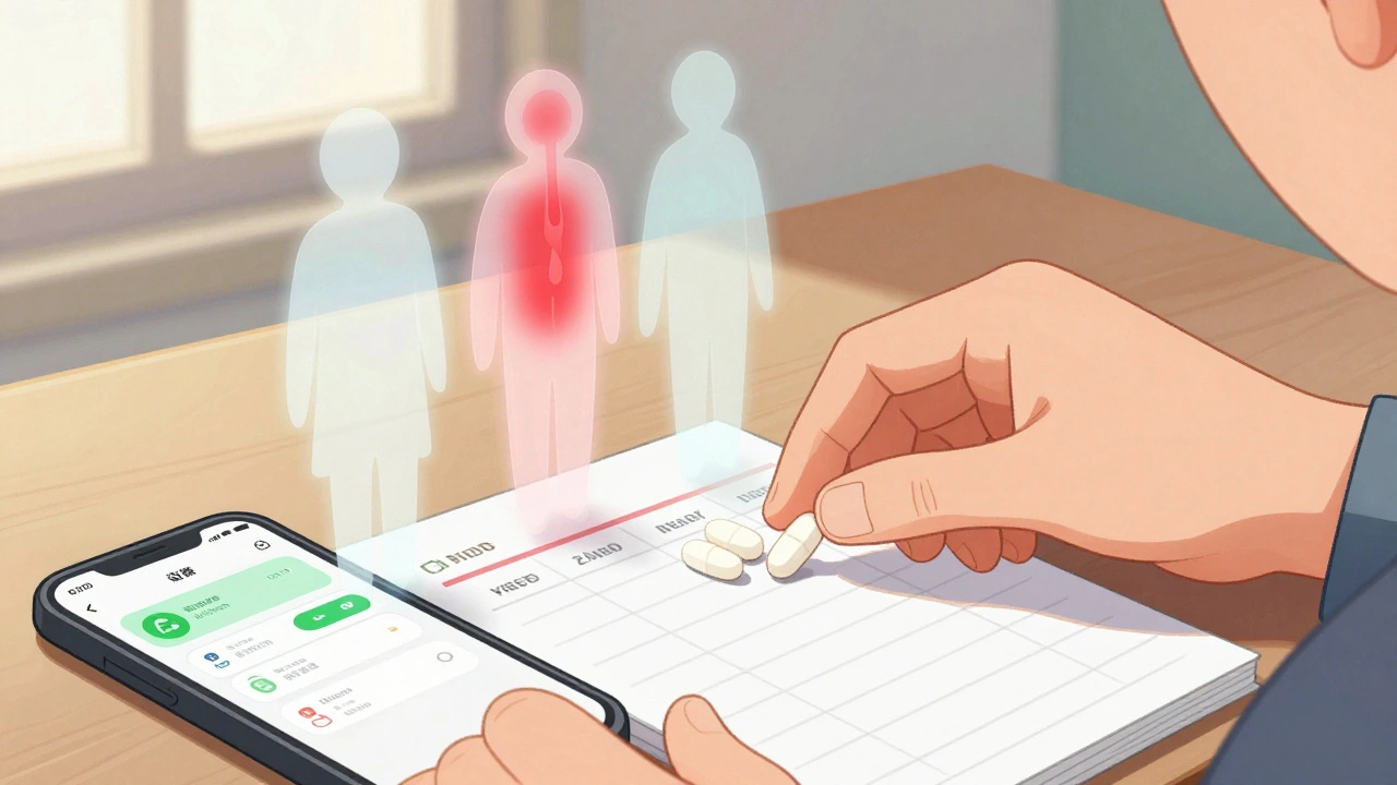 Hand organizing pills in a weekly box with floating side effect icons and a medication app on the table.