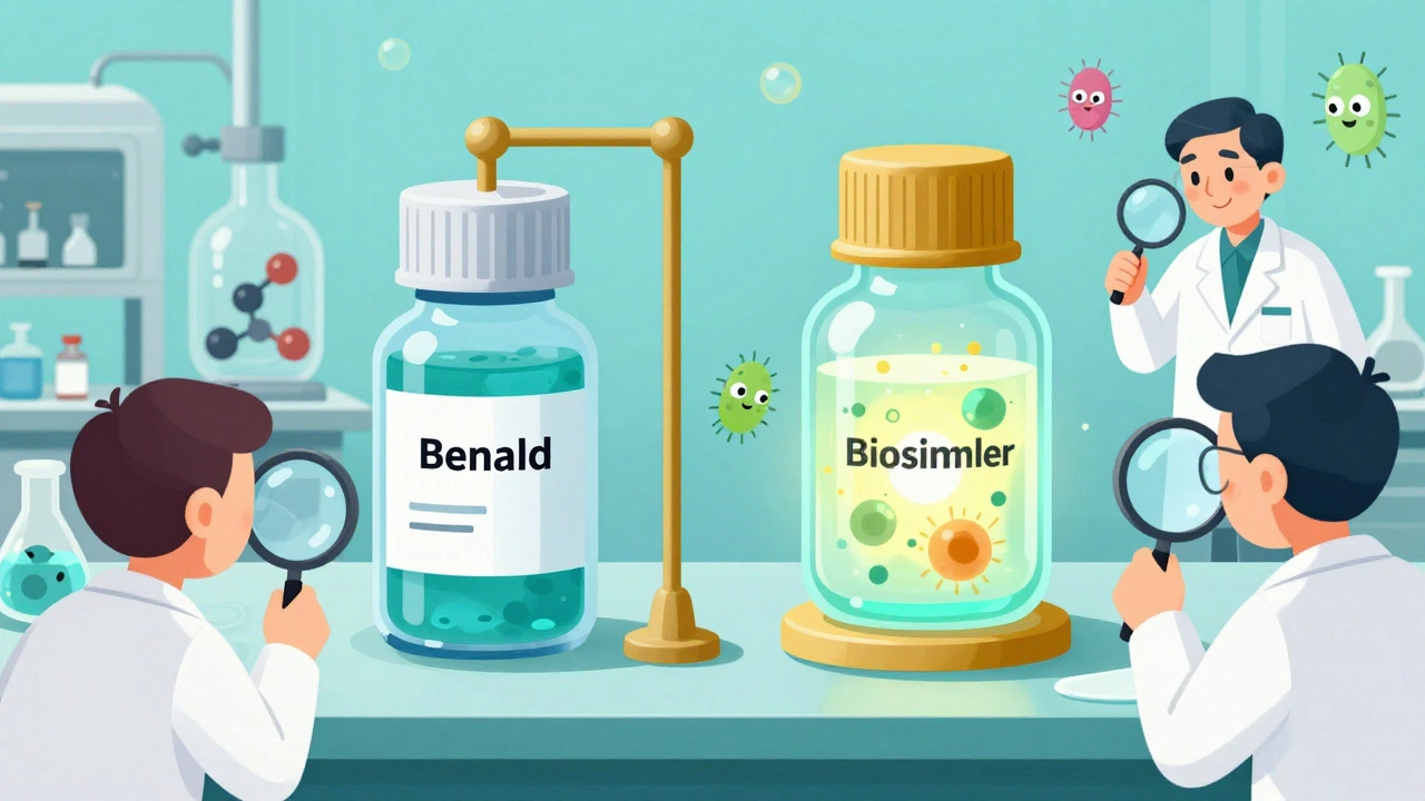 Lab scene showing brand biologic made from chemicals versus biosimilar from living cells.