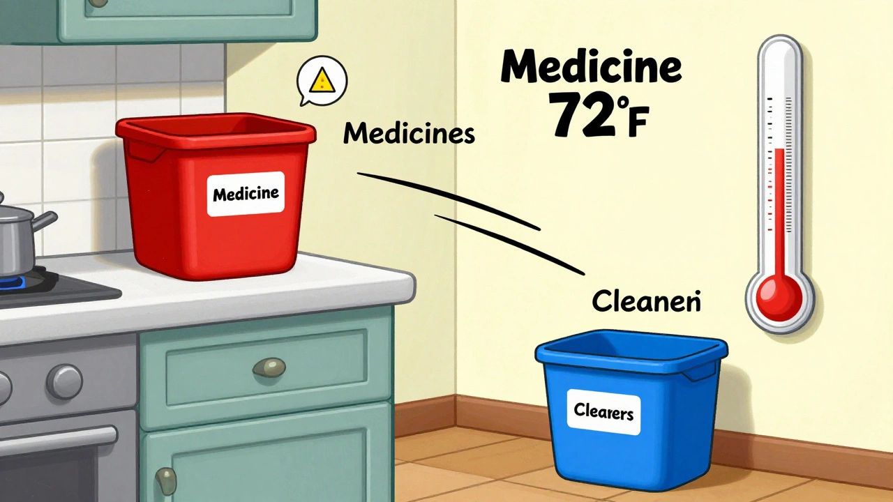 Medicines stored high in a labeled red bin, cleaners low in a blue bin across the room, with a temperature alert icon in cartoon illustration.