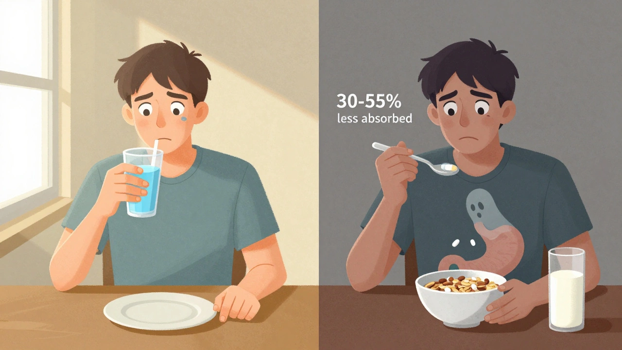 Morning routine comparison: taking thyroid medication with water versus with milk, illustrating reduced absorption.