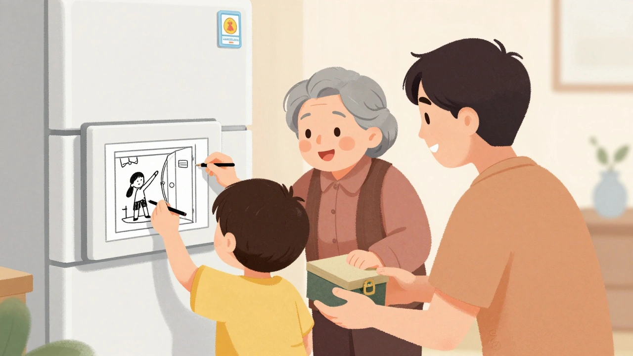 Parent gives grandparent a lockbox for medicine while child draws a safety picture on the fridge.