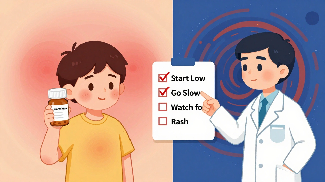 Patient and doctor checking dosing rules while rash dangers loom in background