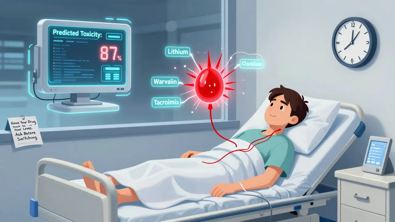 Patient in hospital bed with glowing blood levels, AI monitor predicting toxicity, and a checklist on the nightstand.