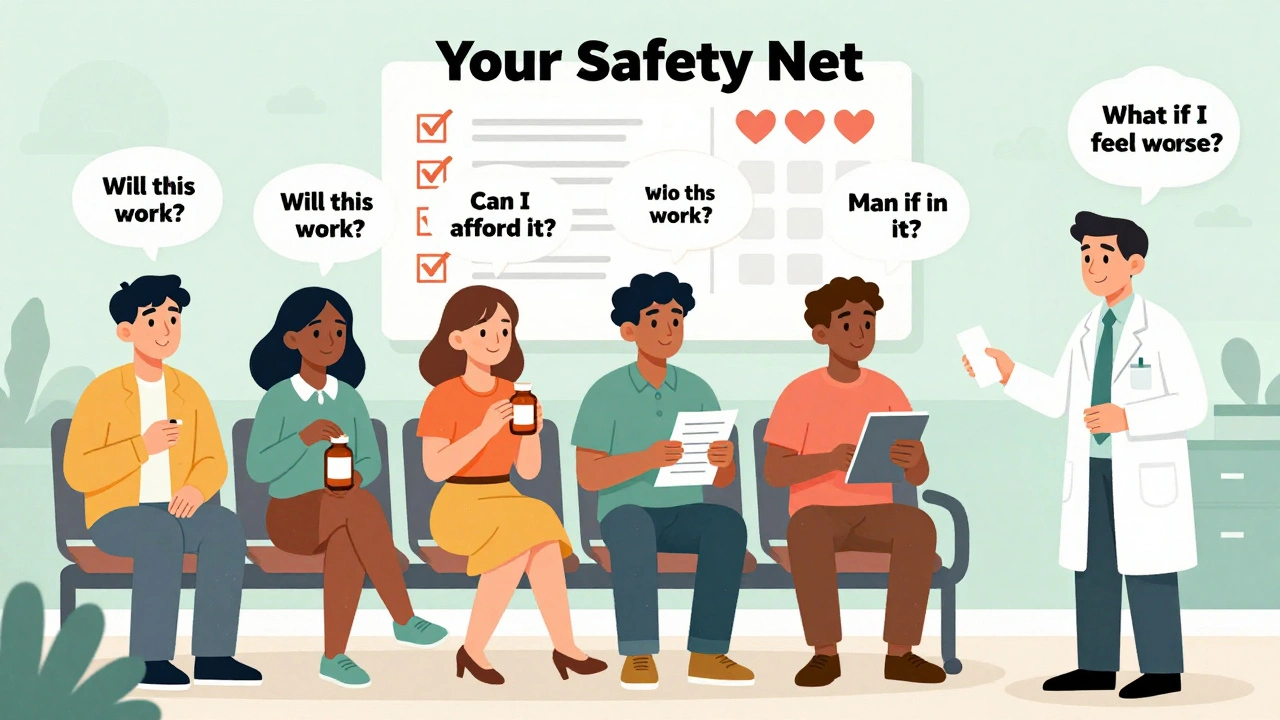 People in a clinic with thought bubbles asking medication questions, one handing a list to a pharmacist.