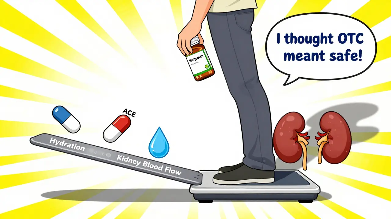 Person on a tipping scale with medical icons pulling down hydration and kidney blood flow, surrounded by caution stripes.