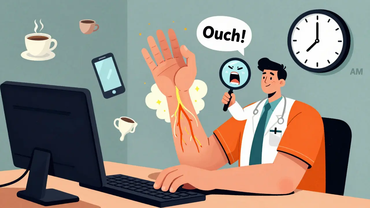 Person typing with bent wrists, inflammation cloud, and tiny doctor pointing out nerve pressure