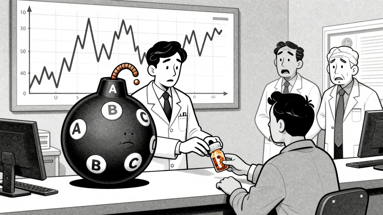 Pharmacist handing a morphing pill bottle bomb to a patient, with fluctuating blood graphs in background.