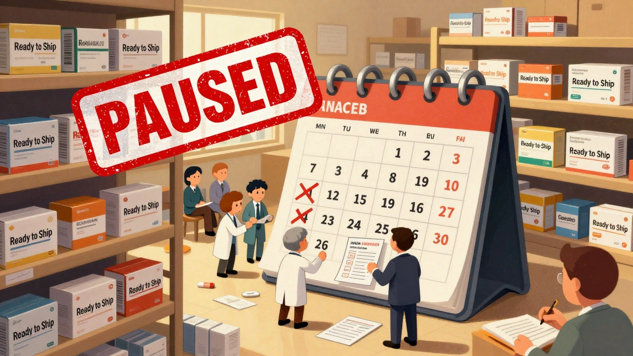 Ready-to-ship generic drugs are paused under a red stamp, while teams scramble to meet deadlines on a giant calendar.