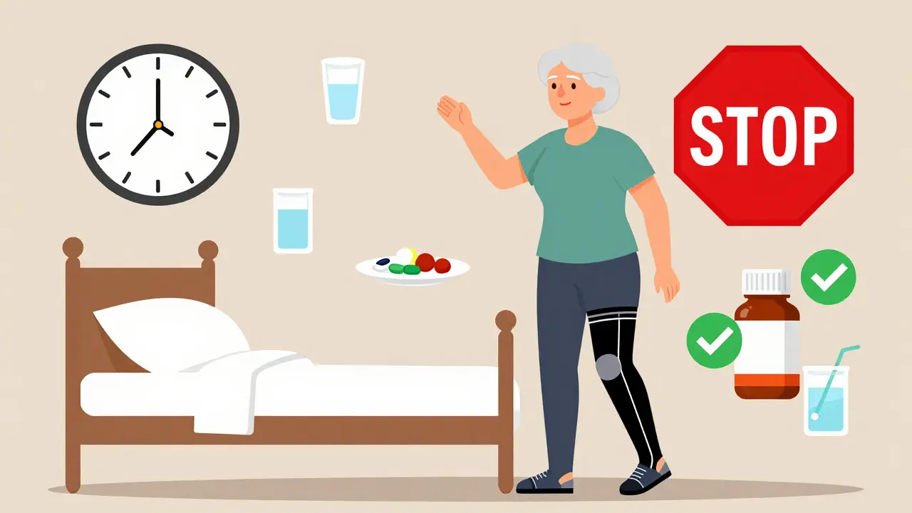 Senior woman in compression stockings standing by bed, icons of water, small meal, and safe meds surrounding her, red stop sign over risky pills.