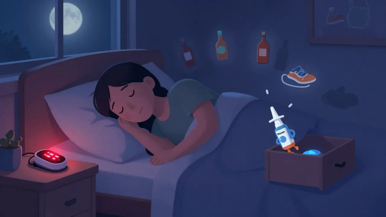 Sleeping person with glowing CGM alerting nighttime low, glucagon spray flying toward bed.