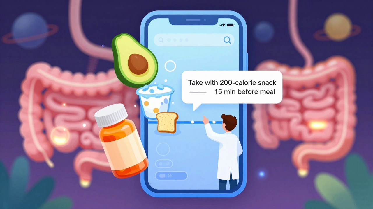 Smartphone app reminding user to take medication with a small snack before a meal, featuring animated food icons.