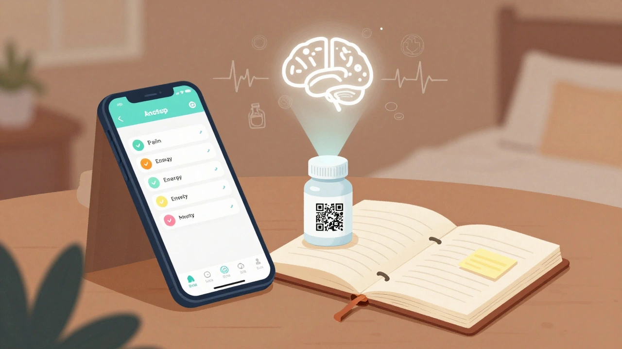 Smartphone app showing symptom logs beside a paper journal, with QR code connecting to an AI icon.