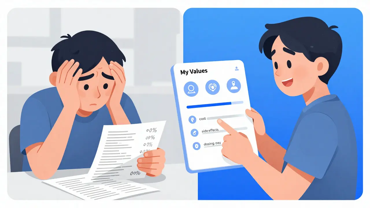 Split illustration comparing confusing medical pamphlets to clear visual decision aids, showing a shift from stress to understanding.