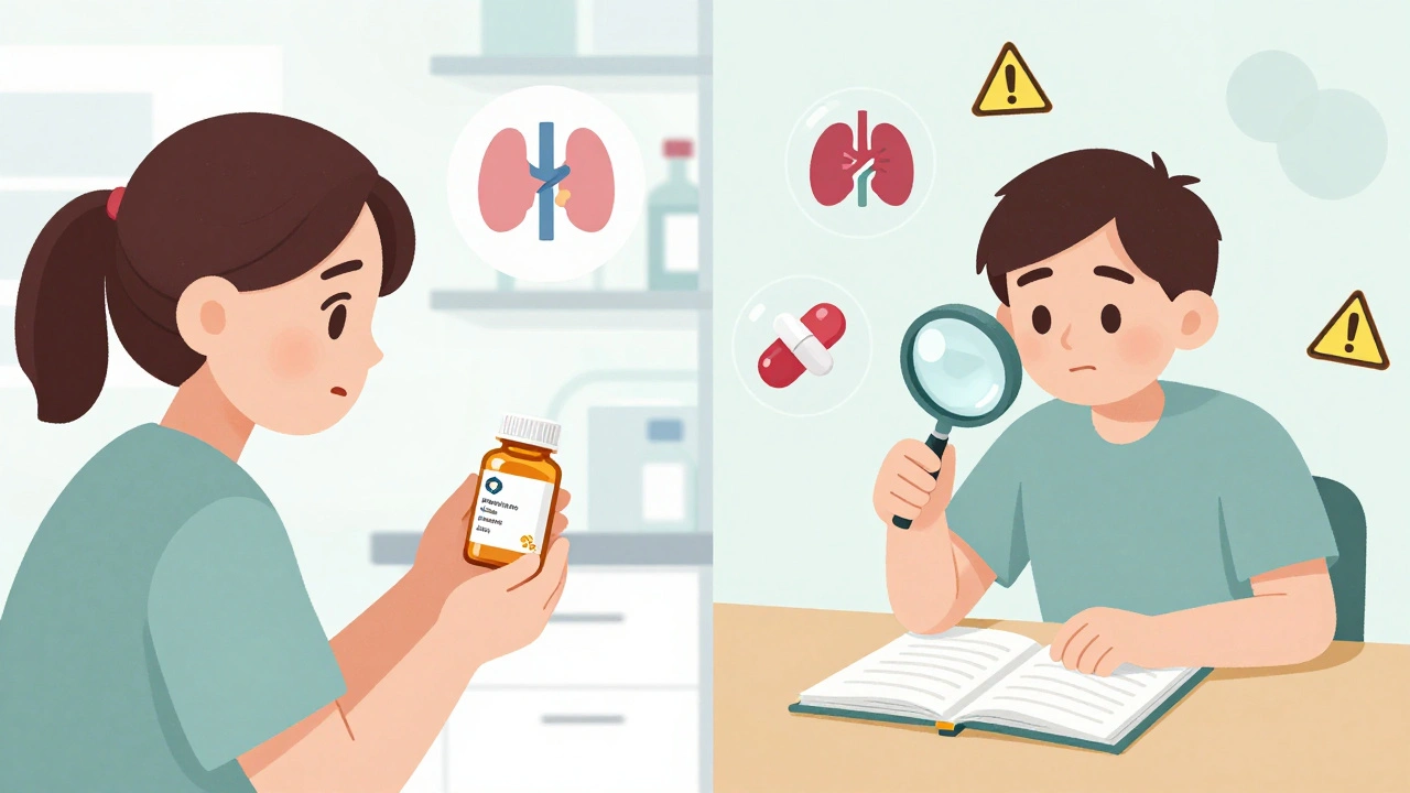 Split scene of patient receiving generic meds and logging pill details with medical symbols floating above.