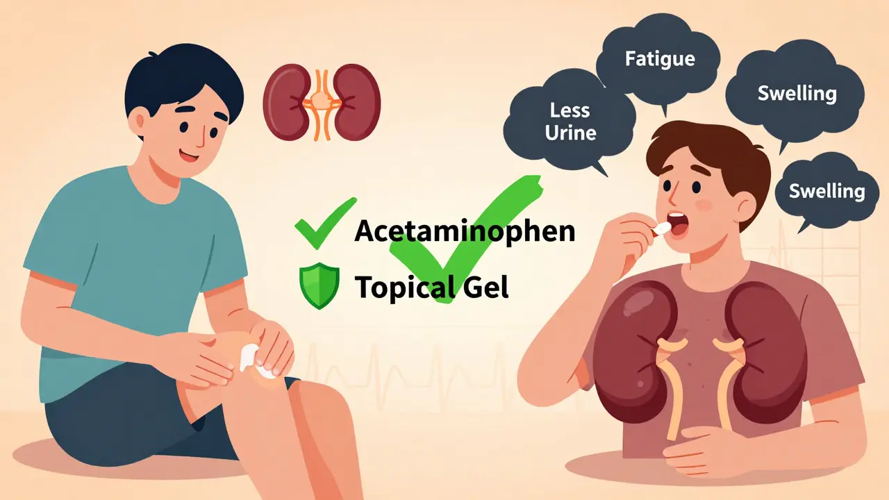 Split scene: one person safely using topical gel with happy kidney, another with collapsing kidneys from oral NSAIDs.