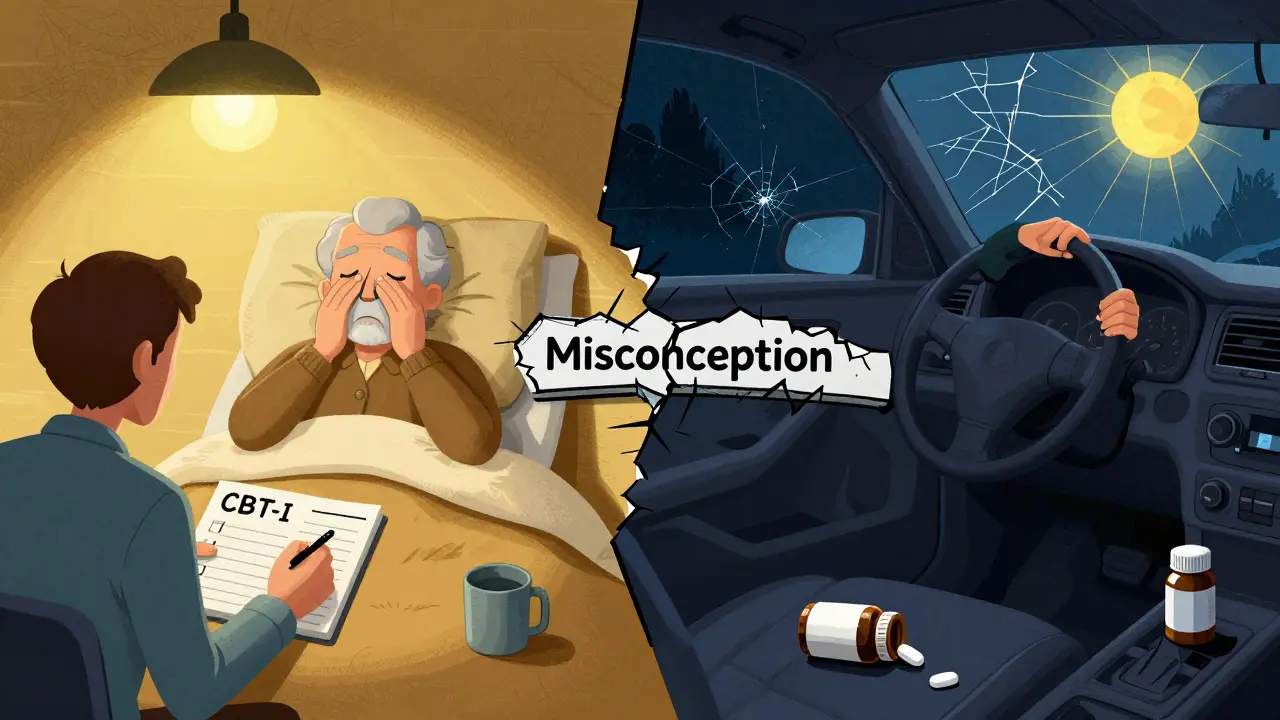 Split scene: one side shows calm CBT-I therapy, the other shows a person asleep at the wheel, connected by a broken bridge labeled 'Misconception'.