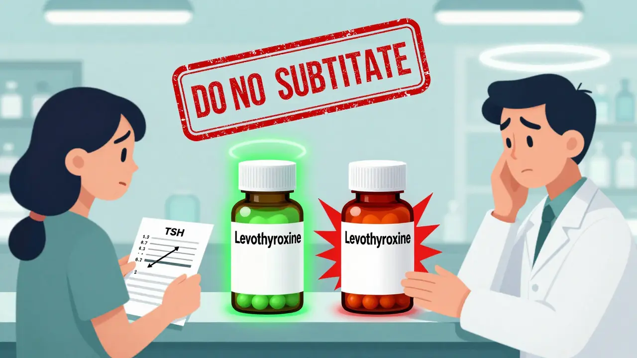 Two identical pill bottles at a pharmacy counter, one glowing green and the other red, with a patient holding a lab report showing TSH spike.