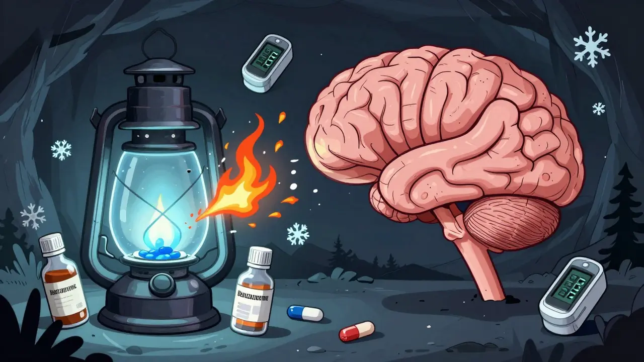 A brainstem lantern being destroyed by sedatives, with melatonin restoring oxygen light in a mountain cave.