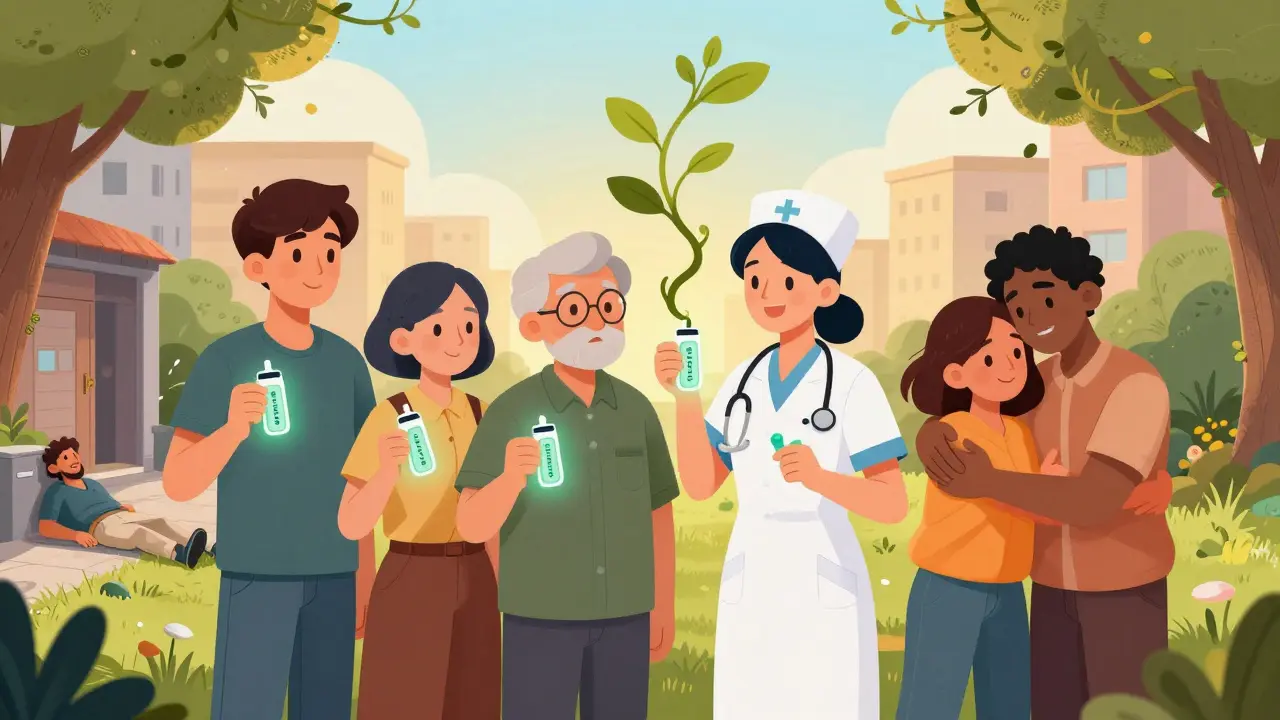 A diverse group holding naloxone kits, symbolizing community rescue and recovery.