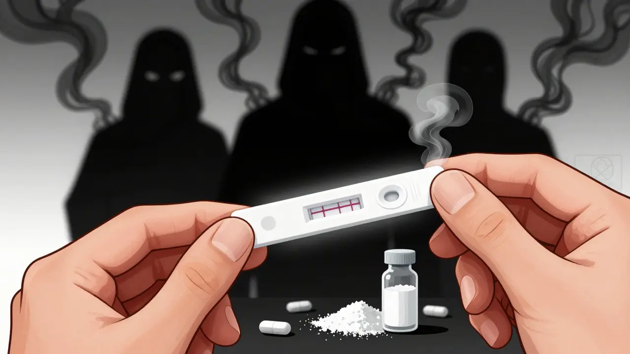 A fentanyl test strip showing a red line, with dangerous counterfeit drugs in the background.