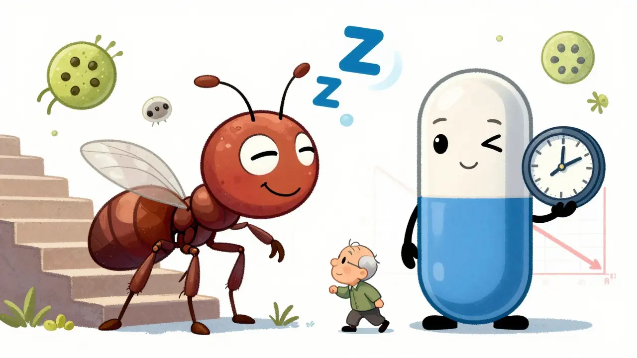 A giant sleepy pill looms over an older adult near stairs, while a alert non-drowsy pill stands nearby.