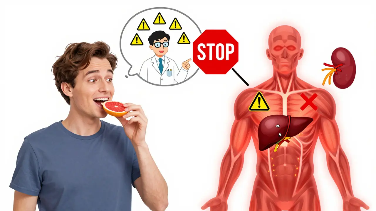 A man eating grapefruit with his pill has a glowing, warning-filled body showing dangerous drug interactions in cartoon style.