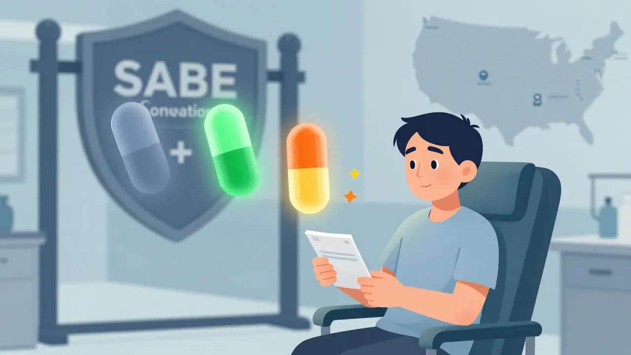 A patient with three floating pill versions above them: approved, rejected, and untested, guarded by an FDA shield.