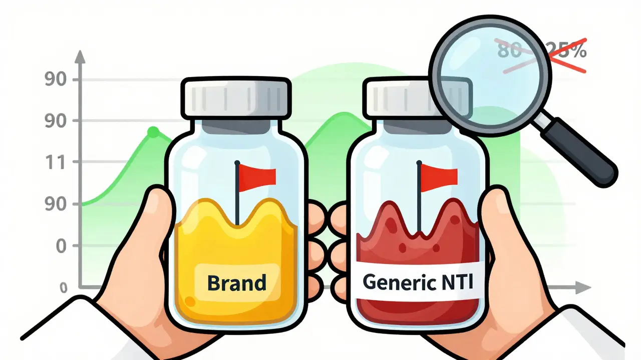 A pharmacist comparing two pill bottles with abstract bloodstreams — one smooth, one erratic — under a 90-111% bioequivalence range.