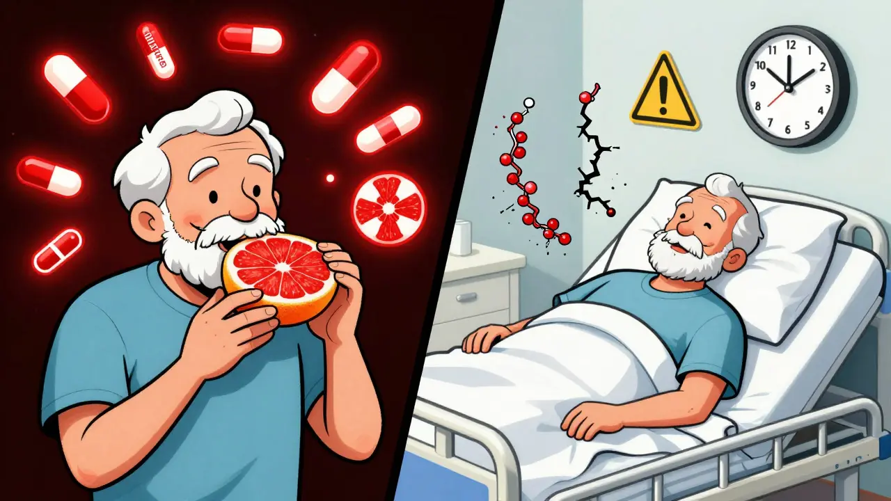 An elderly man eating grapefruit, contrasted with the same man hospitalized due to medication interaction.
