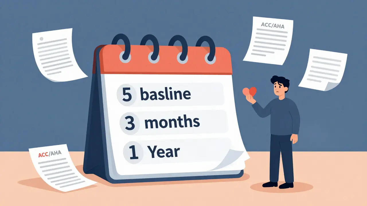 Calendar showing only three key blood tests, surrounded by medical guidelines, symbolizing smart statin monitoring.