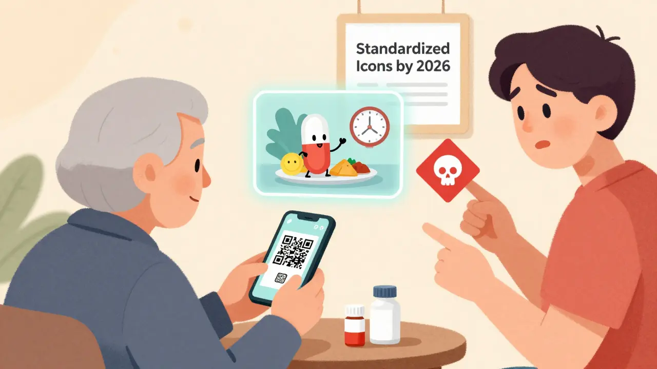 Elderly person scanning a medication QR code while a cartoon video shows proper pill use.