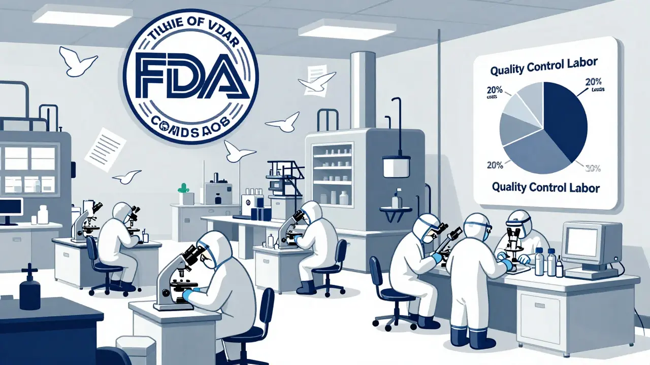 Factory workers testing drug batches under a giant FDA seal, with compliance documents floating around them.
