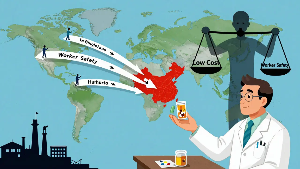 Global supply chain map with worker silhouettes flowing to the U.S., balancing low cost against worker safety.