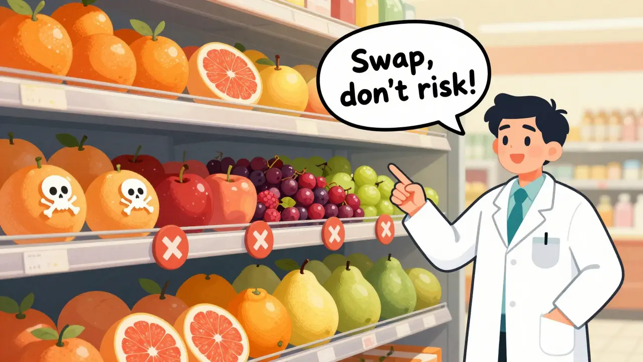 Grocery shelf with safe fruits like oranges and apples glowing, while grapefruit and related citrus bear danger symbols.
