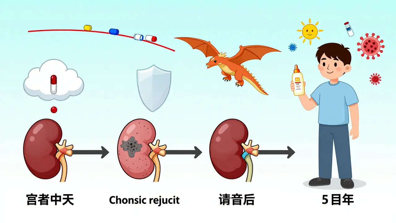 Kidney aging with scarring while immunosuppressants fade, patient wearing sunscreen and holding vaccine symbols.