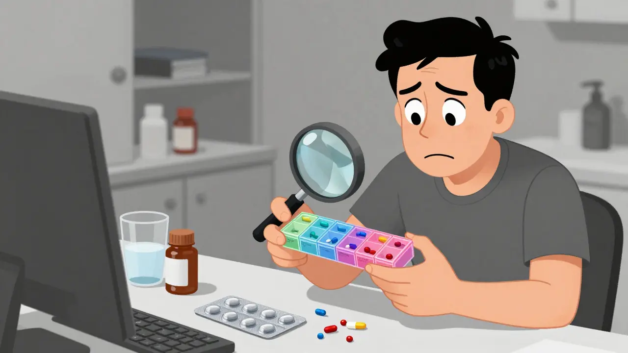 Man holding a disorganized pill organizer with pills spilled out, while a neat blister pack sits beside him.