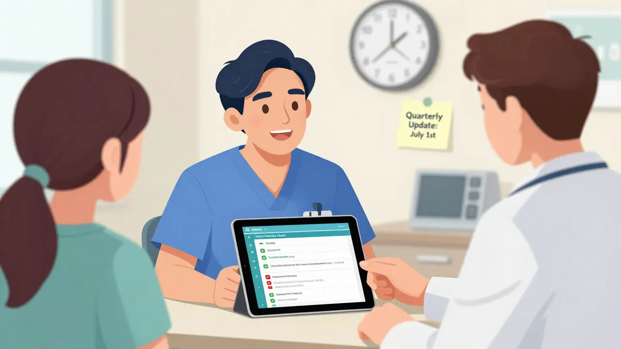 Medical assistant checking drug coverage on a tablet during a consultation with a physician and patient.