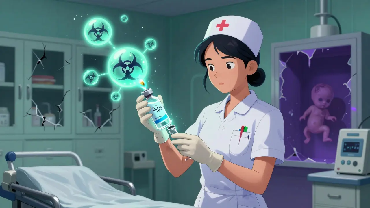 Nurse exposed to hazardous drug molecules in a poorly protected prep room.