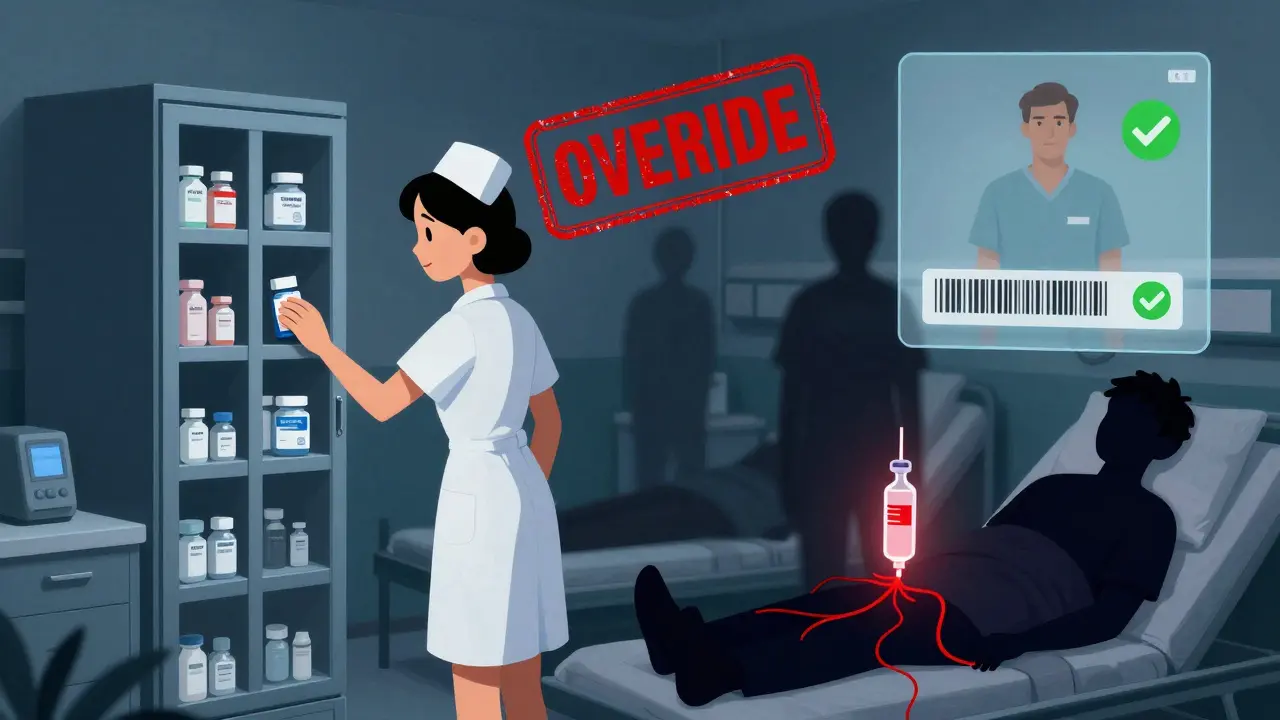 Nurse overriding a safety system in a hospital ward, with a dangerous insulin vial glowing red beside a healthy patient with a green scan confirmation.