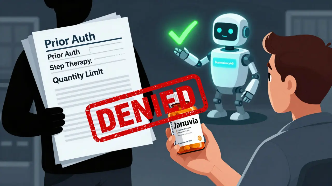 Patient holding denied medication as bureaucracy looms, with AI helper offering solution in background.