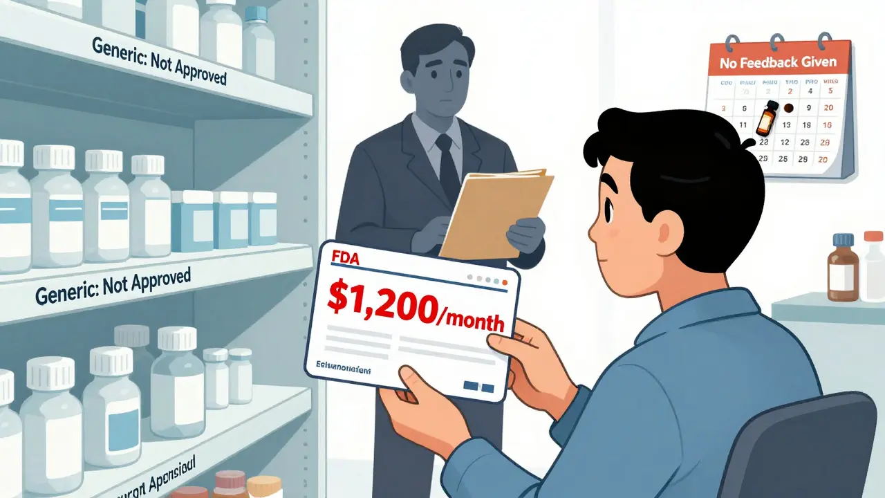 Patient stares at empty pharmacy shelf as FDA inspector ignores them, calendar showing 5-year delay.