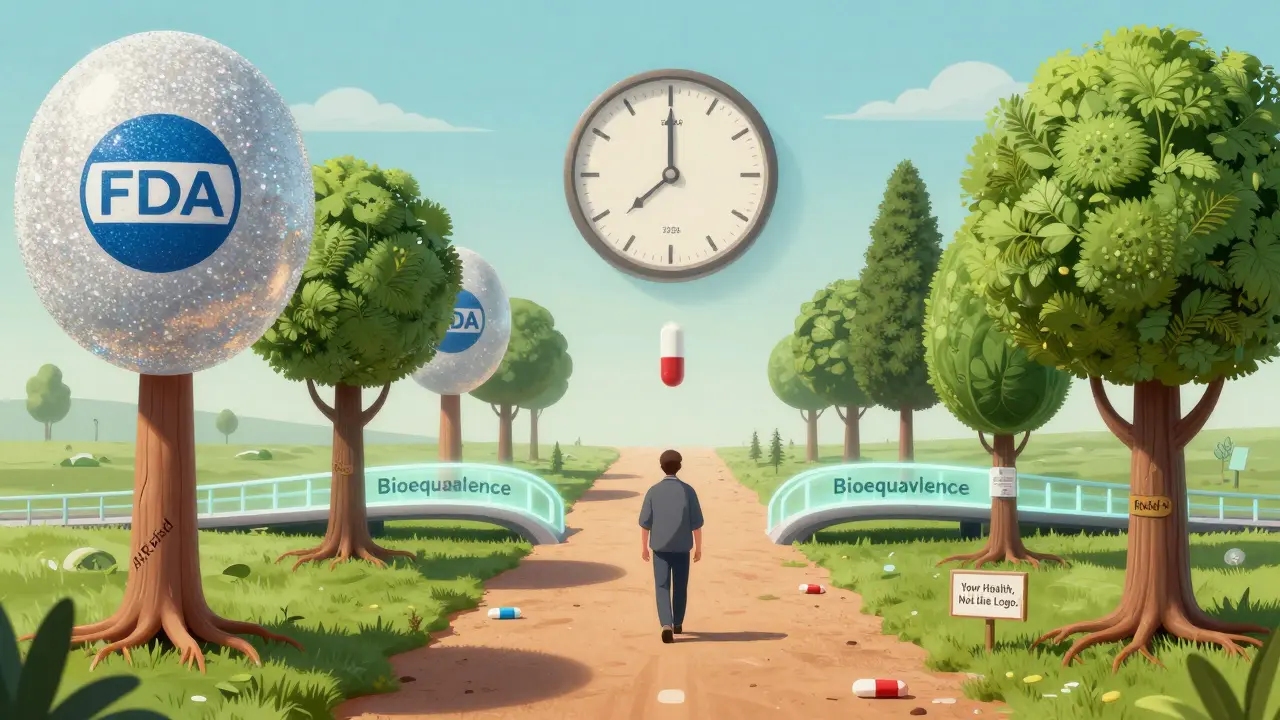 Patient walking between branded and generic pill trees, crossing a bioequivalence bridge toward 2026.