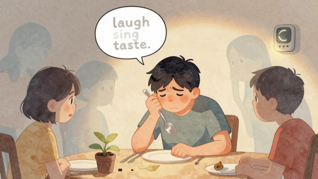 Person eating with a weighted spoon, trembling hand, surrounded by fading speech bubbles and supportive family silhouettes.