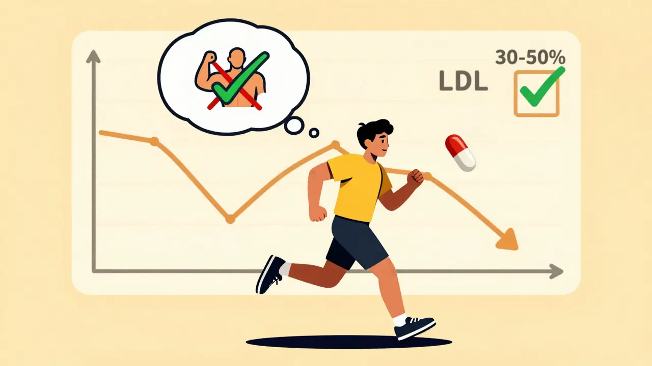 Person jogging confidently, with a statin pill as a superhero emblem and LDL cholesterol dropping on a chart.