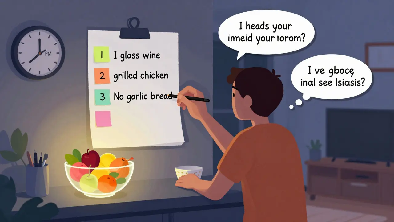 Person planning weekend meals with a checklist and fruit bowl on the counter, Friday evening.